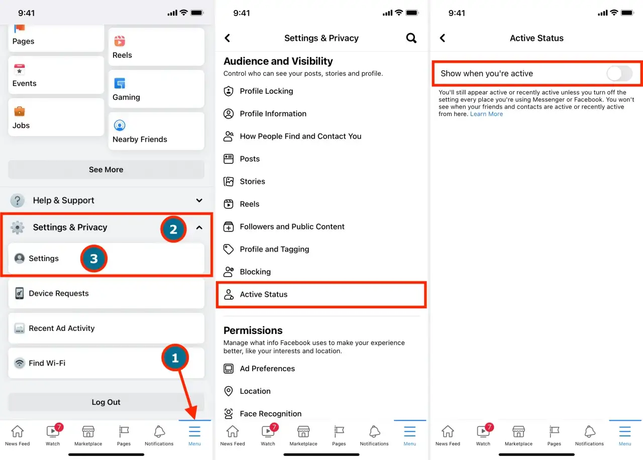Jak wyłączyć aktywność na Messengerze i Facebooku: kliknij Menu (1), Ustawienia i prywatność (2), Ustawienia (3), a następnie Aktywny status.