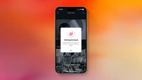 Ekran telefonu z powiadomieniem "Udostępnij więcej" na Instagramie, informującym o limicie 20 zdjęć.