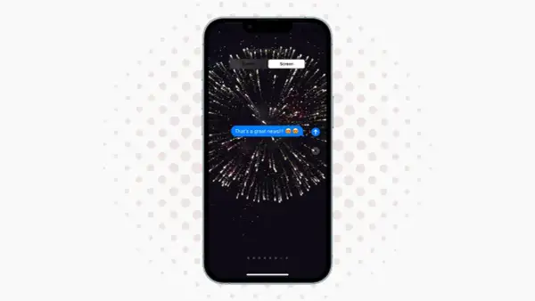 Jak włączyć dymek czatu Messenger na iPhone? Ekran z fajerwerkami i wiadomością "That's a great news!!!