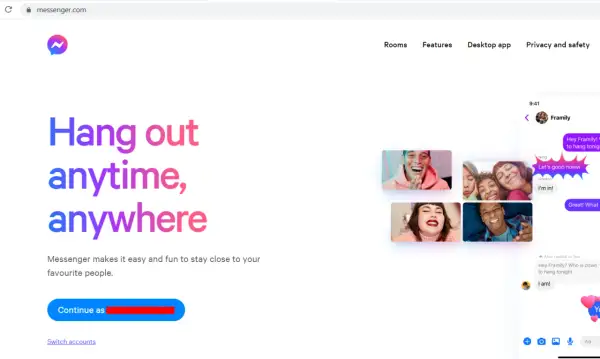 Strona messenger.com ułatwia logowanie się do Messengera. Kliknij "Continue as", aby rozpocząć rozmowę.