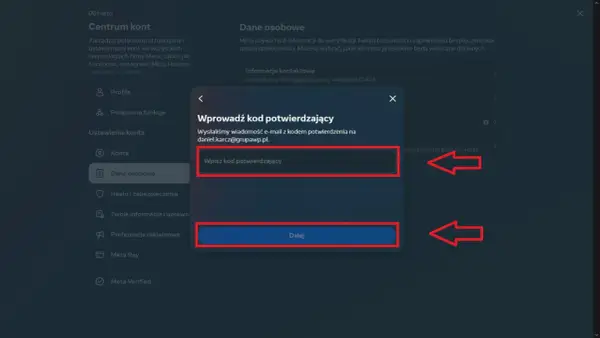 Ekran potwierdzenia zmiany email na FB. Wpisz kod z maila, by dokończyć proces.