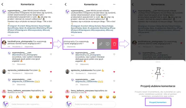 Komentarze na Instagramie: użytkownik pyta o promocję konta anglojęzycznego, a profil odpowiada, że obsługuje język polski i angielski.