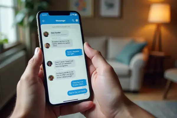 Dłoń trzyma smartfon z otwartym Messengerem. Widoczna jest rozmowa, a pod nią instrukcja, jak wyłączyć znikające wiadomości na Messengerze.