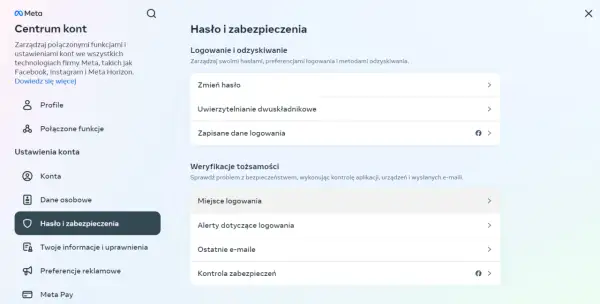 Centrum kont Meta: Hasło i zabezpieczenia. Sekcja "Logowanie i odzyskiwanie" zawiera opcje jak wylogować Messenger z innych urządzeń.