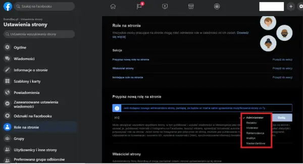 Chcesz wiedzieć, jak przestać zarządzać stroną na FB? Na ekranie widzisz opcje zarządzania rolami na stronie, w tym możliwość dodania lub usunięcia administratora.