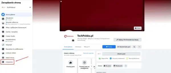 Czerwona strzałka wskazuje na "Ustawienia" na Facebooku, gdzie można rozwiązać problem, dlaczego nie mogę polubić strony na FB.