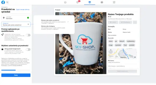 Jak dać ogłoszenie na Facebooku? Widok tworzenia oferty na Marketplace, gdzie dodajesz zdjęcie kubka z logo SKY-SHOP.PL.