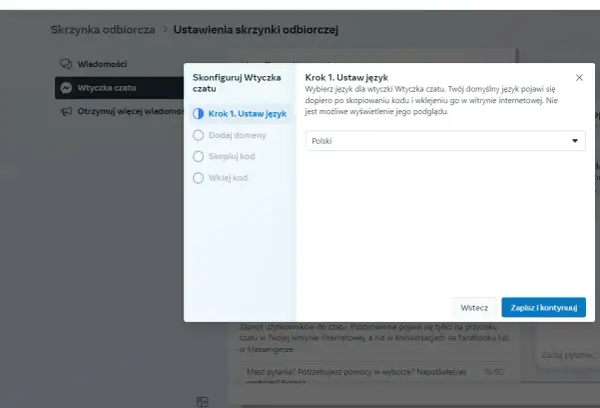 Ustawienia wtyczki czatu. Wybierz język polski, aby skonfigurować, jak dolaczyc do grupy na Messengerze.