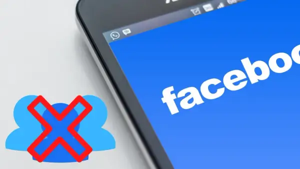 Chcesz wiedzieć, jak usunąć znajomego z Facebooka? Ikona z przekreślonymi ludzikami obok ekranu telefonu z logo Facebooka sugeruje tę czynność.