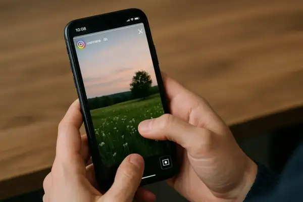 Widac jak ktos zrobi screenshot wyroznionej relacji na Instagramie. Na ekranie telefonu widok na zielone pole z kwiatami i drzewem w oddali.