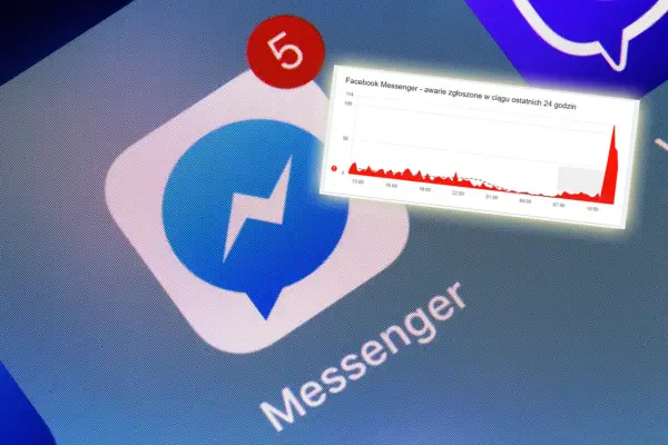 Ikona Messengera z powiadomieniem "5" i wykresem awarii. Dowiedz się, jak wysłać wiadomość prywatną na Facebooku, nawet gdy występują problemy.