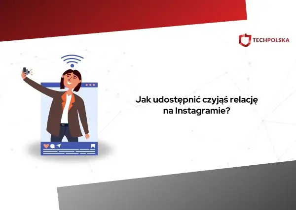 Ilustracja pokazuje, jak udostępnić czyjąś relację na Instagramie. Kobieta robi selfie, a obok widnieje pytanie.
