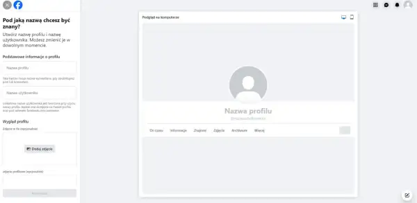 Tworzenie nowego profilu na Facebooku: wpisz nazwę profilu i nazwę użytkownika, dodaj zdjęcie w tle i profilowe. Podgląd na komputerze.