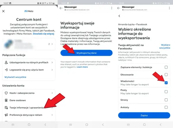 Jak przywrócić wiadomości Messenger na nowym telefonie? Wybierz "Wiadomości" do eksportu danych z konta Meta.