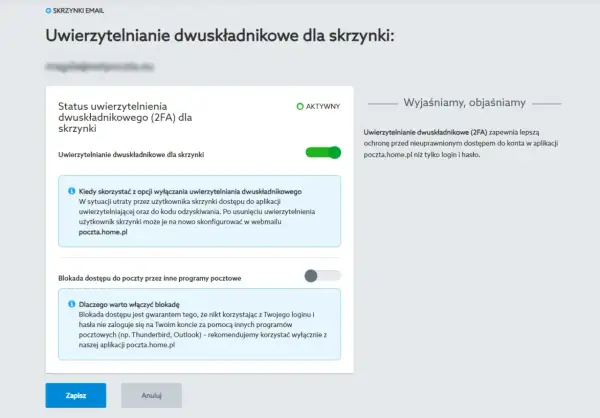 Ustawienia konta pocztowego. Możesz tu wyłączyć uwierzytelnianie dwuskładnikowe, co jest podobne do wyłączenia składania życzeń na FB, jeśli chcesz uprościć dostęp.