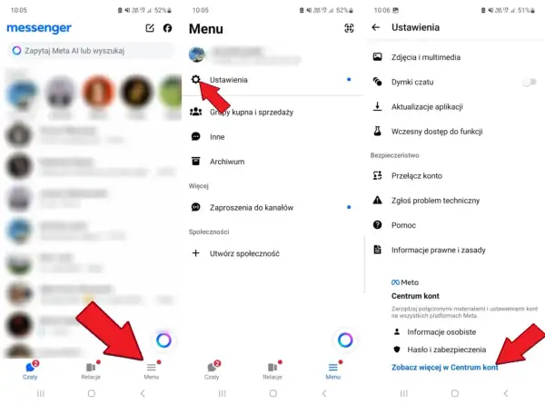 Szukasz odpowiedzi, czy da się przywrócić czat na Messengerze? Ekran pokazuje ustawienia aplikacji, gdzie można znaleźć opcje dotyczące konta i pomocy.