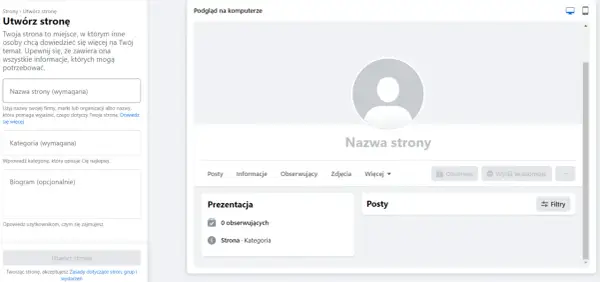 Ekran tworzenia strony na Facebooku. Wpisz nazwę, kategorię i biogram, aby dowiedzieć się, jak założyć sobie Facebooka.