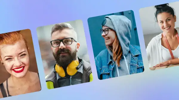 Cztery uśmiechnięte osoby w różnych stylizacjach. Zastanawiasz się, jak dopasować zdjęcie profilowe na Facebooku? Oto inspiracje!