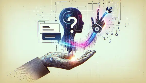 Cyber dłoń podtrzymuje głowę AI z pytajnikiem. Jak zadać pytanie sztucznej inteligencji, by uzyskać odpowiedź?