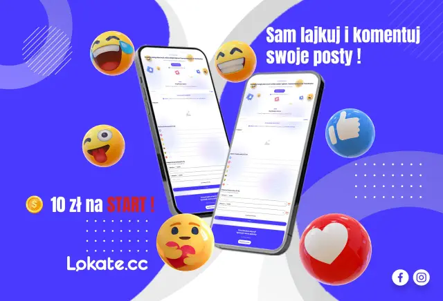 Zwiększ polskie like na FB! Dwa telefony pokazują interfejs do dodawania reakcji i komentarzy. Wokół emotikony i ikony Facebooka.
